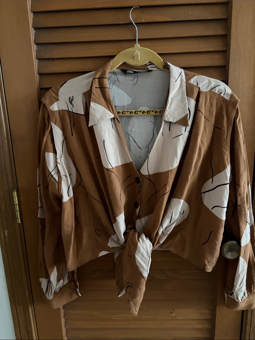 Zara Brown and Cream Abstract Tie-Front Blouse